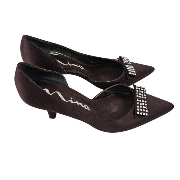 Nina Womens Heels Size 8.5M Pointed Toe Rhinestone Bow Detail Brown Satin - Picture 8 of 8